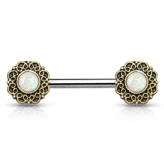 Gold Plated Flower Nipple Barbell with Opal